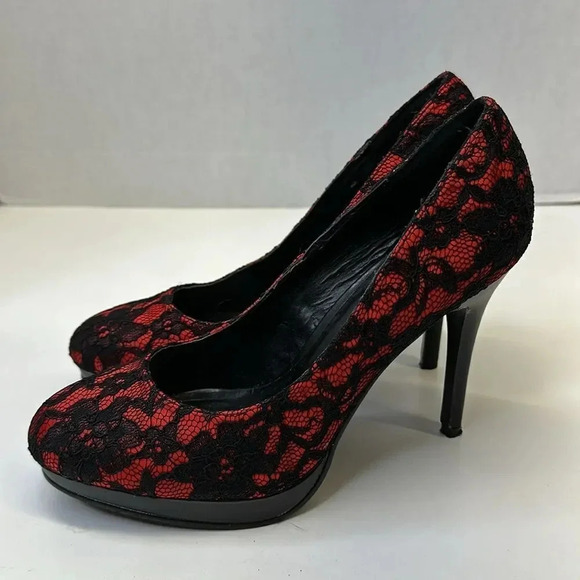 Pleaser Bliss-30-2 Platform Pump High Heel Shoes Lace Black Red Women's Size 7 - Picture 1 of 10